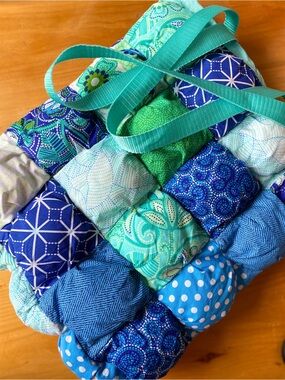Handmade Patchwork Bubble Quilt Tote Bag | Blue & Teal